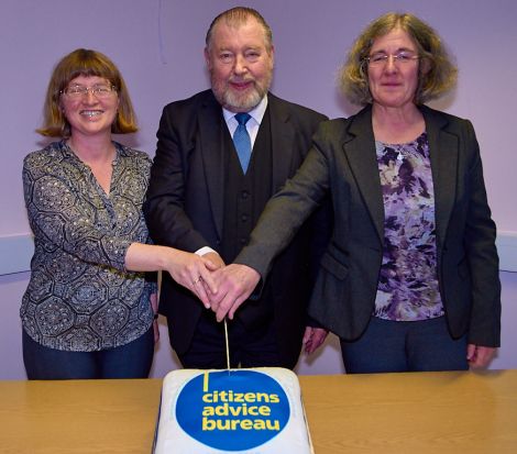 CAB's Shetland manager Karen Eunson, chairman Gordon Mitchell and Citizens Advice Scotland's Highlands and Islands development officer Carol Greer. Photo: Chris Brown.