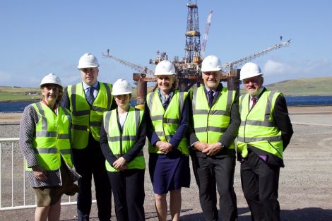 Celebrating the opening of Dales Voe decommissioning hub are (left to right): LPA chief executive Sandra Laurenson, harbourmaster Calum Grains, head of energy and low carbon at HIE, Audrey MacIver; chief executive of Oil & Gas UK, Deirdre Michie; acting head of decommissioning at the Oil and Gas Authority, Gunther Newcombe and LPA chairman Ronnie Gair. Photos: Hans J Marter/Shetland News