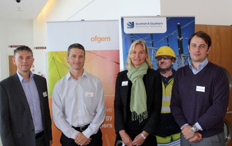 From eft to right - National Grid Shetland Link project director Daniel Angel, Ofgem head of electricity distribution Grant McEachran, Ofgem head of Scotland Kersti Berge, and SSE lead project manager Dan Pearson. Photo: Shetland News/Chris Cope.