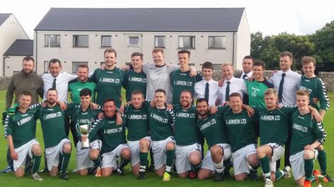 Cunningsburgh's victorious Parish Cup squad following Saturday's victory. Photo: Helen Smith.