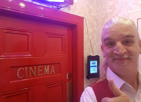 Chris Harris at the entrance to the cinema inside his Skerries home.