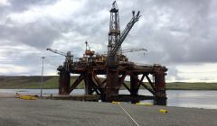 The Buchan Alpha platform on Monday afternoon after being brought towards land. Photo: Hans J Marter/Shetland News