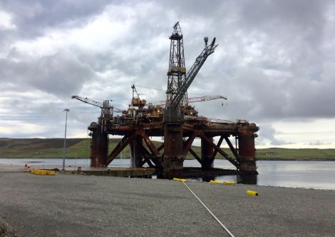 The Buchan Alpha platform on Monday afternoon after being brought towards land. Photo: Hans J Marter/Shetland News