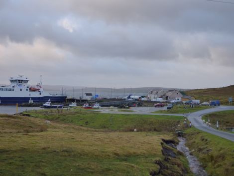 A backlog of traffic formed at the Ulsta ferry terminal on Thursday morning. Photo: Hazel Robertson