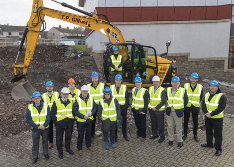 Checking out the site on Wednesday was Graham Kerr (J Duguid, QS), David Thomson (Trustee), Peter Johnson (PJP Architects), Karl Bolt (DITT Site Agent), James Johnston (General Manager, SRT), John Tait (Director, DITT), Sheila Tulloch (Shetland LEADER Programme), Bryan Leask (Chairman, SRT), Andrew Lyall (Head of Assets and Business Support, SRT), Leigh Smith (Technical Services Manager, SRT), George Anderson (Mott McDonald), Neville Martin (Vice Chairman, SRT), Trevor Smith (Project Manager, Anderson High School, SIC), Robert Geddes (CLC Manager). Photo: Paul Riddell