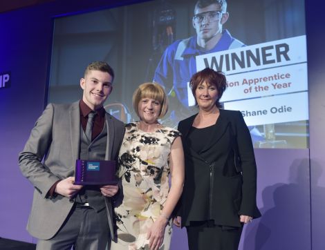 Shane Odie with Shetland Islands Councils' training co-ordinator Janice Leask (middle) and chairwoman of strategic board of enterprise and skills Nora Senior (right).