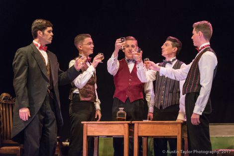 The Trinity & Kings students enjoy a brandy at their card game. From left to right: Martin Summers, Daniel Inkster, Sonny Thomason, Isaac Webb and Reece Paul. Photo: Austin Taylor.