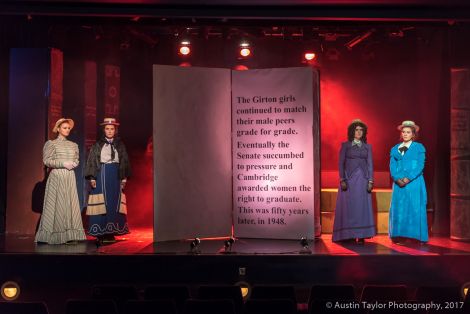 A poignant moment for the Girton Girls during Blue Stockings. Left to right: Lydia Hay, Sula Brookes, Juliet Mullay and Cara Leask. Photo: Austin Taylor.