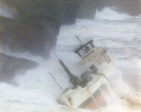 The freighter Green Lily aground and already breaking up. Photo: Courtesy of Kenny Groat.