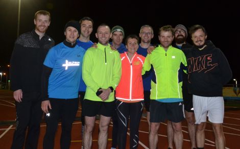 Pictured after another chilly training session at the Clickimin running track, from left to right: George Abernethy, personal trainer Russell Gair, Stuart Pearson, Grant Johnson, Karl Simpson, Fiona Shearer, Bryan Garrick, Lee Balfour, Marc Williamson, Ivor Johnson. Photo: Shetland News