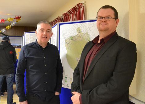 Architect Iain Malcolmson and Hjaltland Housing's Bryan Leask at Wednesday's public drop-in session in Staney Hill Hall. Photo: Shetland News/Neil Riddell.