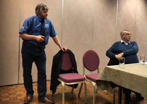 NFU vice president Martin Kennedy taking questions from isles crofters and farmers, as local NFU chairman Jim Nicolson looks on. Photo: Shetland News.