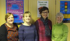 The Parent Link team (left to right): Wendy Hand (VAS team leader), and facilitators Julia Halcrow, Wilma Goodlad and Christine Geldard. Missing from the photo are Parent Link coordinator Mairi Jamieson and facilitator Mhairi Garnier. Photo: Chris Cope/Shetland News