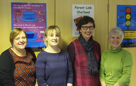 The Parent Link team (left to right): Wendy Hand (VAS team leader), and facilitators Julia Halcrow, Wilma Goodlad and Christine Geldard. Missing from the photo are Parent Link coordinator Mairi Jamieson and facilitator Mhairi Garnier. Photo: Chris Cope/Shetland News