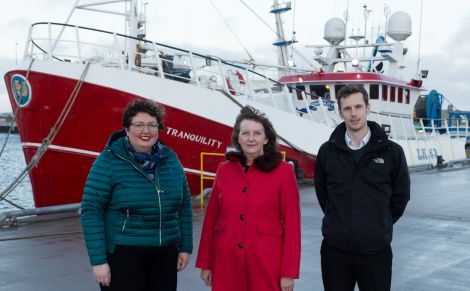 Lerwick Port Authority's chief executive Sandra Laurenson (centre) with Rachel Hunter and Andrew Gear at Mair's Pier. Photo: Ben Mullay for HIE