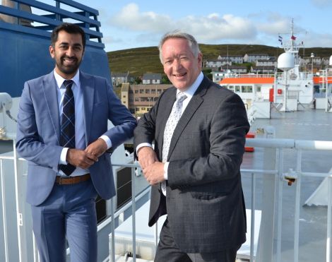 Scottish transport and islands minister Humza Yousaf pictured with Serco NorthLink managing director Stuart Garrett earlier this year. Photo: Shetland News/Neil Riddell.