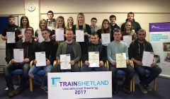 Apprentices present at the ceremony pose for a photo. They are: Back row (left to right): Cameron Leslie, Natasha Chapman, Magnus Irvine, Logan Grant, Magnus Fullerton, Middle row (left to right): Cameron Gibbs, Clare Farmer, Nicole Craigie, Josephine Nisbet, Emma Leask, Kirsten Isbister, Rhona Tait, Front row (left to right): Jakob Eunson, Kurt Crow, Joe Keith, Michael Anderson, Kieran Wilbourne, and Daniel Hughson.