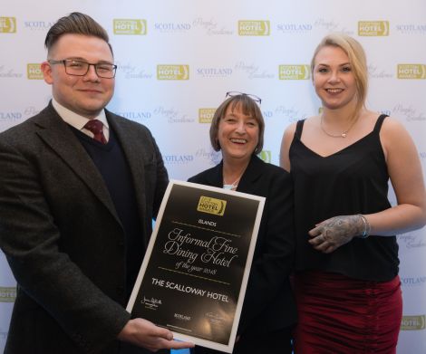 Scalloway Hotel's Caroline Mackenzie (centre) and Adel Smith (right) with Christopher Coates, editor of Scotland Magazine.