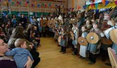 There was some good singing when the jarl squad visited Urafirth primary school on Friday morning. Photo: Kevin Osborne