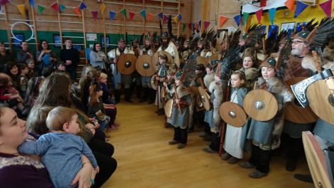 There was some good singing when the jarl squad visited Urafirth primary school on Friday morning. Photo: Kevin Osborne