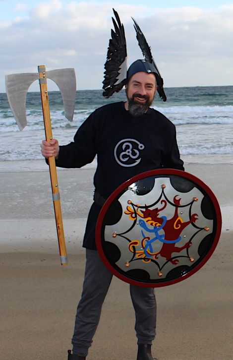 Norwick guizer jarl Aaron Priest depicting Grimur Kamben, a 9th century Viking who is believed to have stopped off at Norwick beach on his way to Faroe. Photo: Desley Ritch