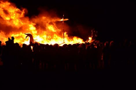 The Norwick galley Brennastyooch goes up in flames. Photo: Drew Berry