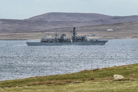 The HMS Westminster passing through Yell Sound on Saturday. Photo: Gary Buchan