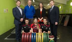 Sportscotland's Chris Hilary, Shetland MSP Tavish Scott, sports minister Aileen Campbell and SIC convenor Malcolm Bell alongside members of Shetland (Hurricanes) ACSC. Photo: Sportscotland