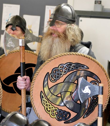 Guider jarl Laurence Odie in fine voice at the Mid Yell nursery on Thursday. Photo: Kevin Osborn