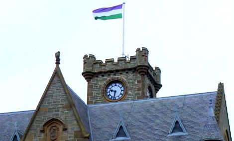 Lerwick Town Hall flying the #suffragette100 flag on Thursday to demonstrate Shetland Islands Council's support of International Women's Day. Photo: SIC