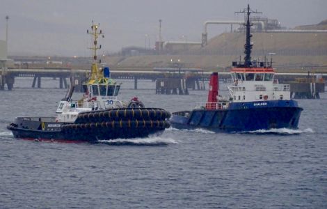 The Multratug 30 (left) alongside the Shalder on Friday morning. Photo: John Bateson