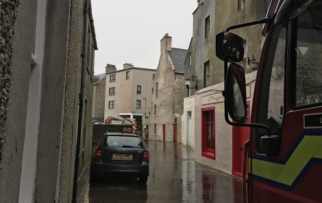 Two fire engines from Lerwick attended the scene at Commercial Street on Tuesday morning. Photo: Shetland News