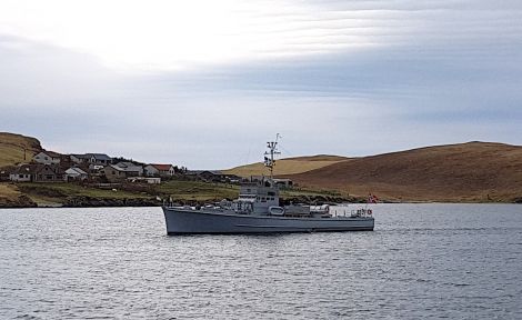 The Shetland Bus sub-chaser Hitra arriving back at Scalloway on Friday morning. Photo: Saro Saravanan