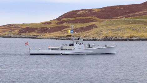 The restored sub-chaser Hitra arriving at Scalloway harbour on Friday morning. Photo: Chris Brown