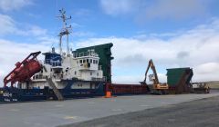 The 96 metre long cargo boat Meike-B left Lerwick harbour for Sevilla, in Spain, on Friday evening. Photo: John Lawrie Group