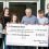 Chairman of the Callum Younger Reach Fund, Malcolm Younger, hands out funds to (left to right): Lulu Johnson, Tabitha Johnson, Ashleigh Jarmson, Ronan Grant, Emily Briggs’ dad Kevin and Hermione Boyes. Photo: Andrew Gibson