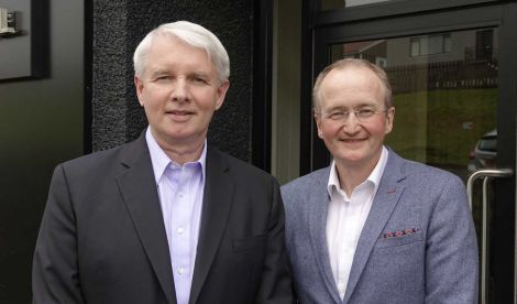 Managing director of North Sea EnQuest Bob Davenport and SVT general manager Derek Liversidge in Lerwick on Wednesday. Photo: Peter Johnson