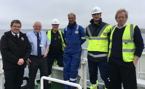 L-R: Ian Pearson (marine superintendent), councillor Robbie McGregor, Kenny Stout (engineer), Deryk Shaw (deckhand), Scott Spence (deckhand) and Ian Best (master).