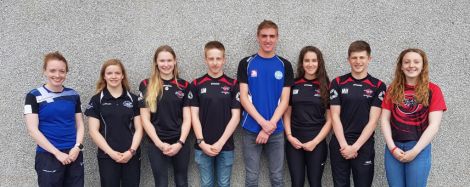 Athlete travel scheme recipients Katie Bristow, Jasmin Smith, Lauren Sandison, Adam Millar, Seumas Mackay, Kayla Manson, Mark Hutcheon, Katie Bain. Photo: SIC