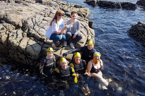 Celebrating one of the first donation towards the MRI scanner appeal (left to right): Laura Thomson Kain, Lisa Ward, Erica Leask Mikolajczak, Emma Knight, Shona Manson, Emma Williamson, Catriona Barr.