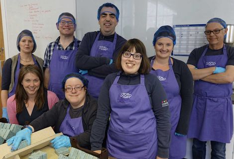 Scottish communities secretary Aileen Campbell at Shetland Soap on Tuesday with L-R Karen Blair, Darren Johnson, Louise Jamieson, Robbie Inkster, Julie Sandison, Siobhan Scott-Miller and Marc Chivers.