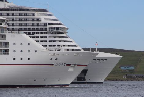 Europa2 and MSC Meraviglia. Photo: Hans J Marter/Shetland News