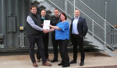 Exchanging a memorandum of understanding, from left to right: Andrew Farquhar (Sumburgh Airport manager), Kevin Main (SIC), Alan Edwards (HIAL), Angela Sutherland and Mark Fullerton (NAFC).