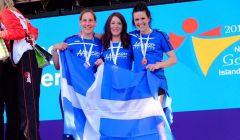 Could Shetland play host in the future to Islands Games medal wins like this, from the 2017 event in Gotland? Pictured was the bronze medal-winning triathlon trio Lynsey Henderson, Shelley Humphray and Wendy Hatrick. Photo: Shetland Island Games Association