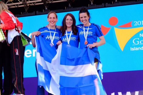 Could Shetland play host in the future to Islands Games medal wins like this, from the 2017 event in Gotland? Pictured was the bronze medal-winning triathlon trio Lynsey Henderson, Shelley Humphray and Wendy Hatrick. Photo: Shetland Island Games Association