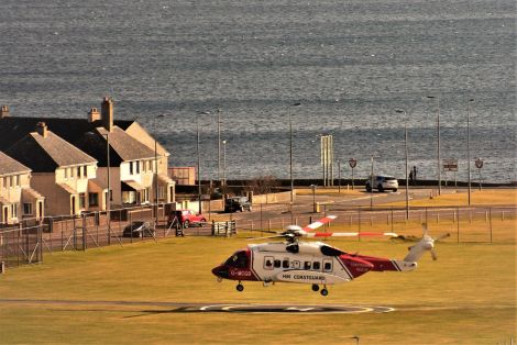 The coastguard helicopter landing at the emergency Clickimin landing site earlier this year. Photo: Margaret Clark