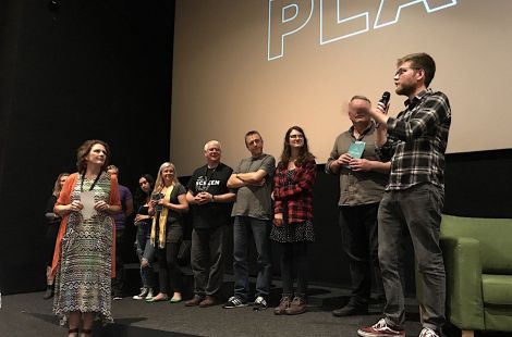 Some of Shetland's amateur film makers introducing their films ahead of the Home Made screening on Friday evening. Photo: Shetland News