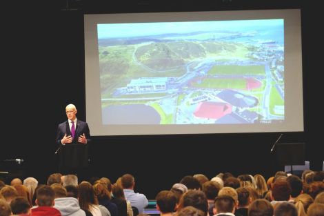 Swinney speaking to students, staff and guests inside the school. Photo: SIC