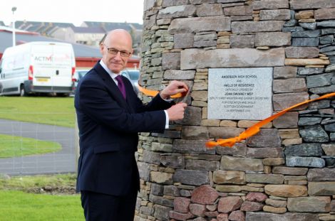 John Swinney cutting the ribbon at the Anderson High School site. Photo: Chris Cope/Shetland News