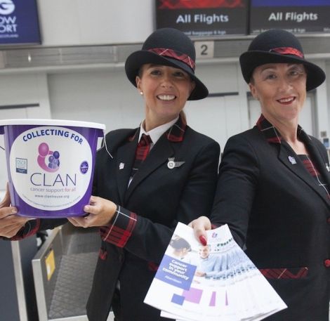 Loganair staff Helen McGrath and Sharon Williams collect for CLAN. Photo: Loganair.